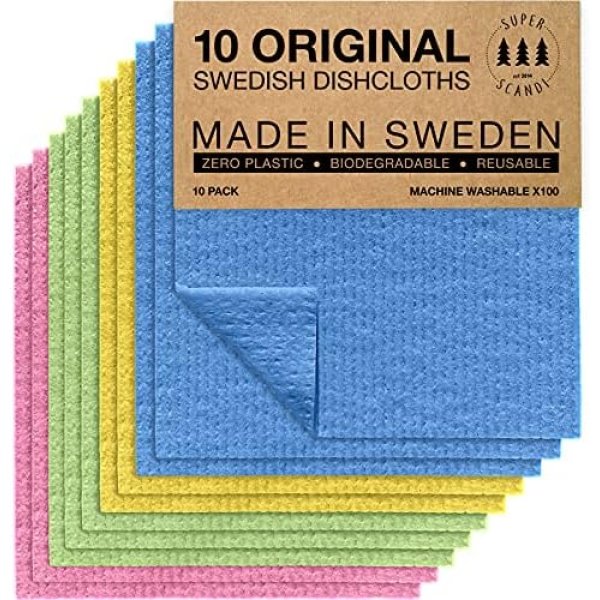 SUPERSCANDI Swedish Dish Clothes 10 Pack of Assorted Colors Reusable Compostable
